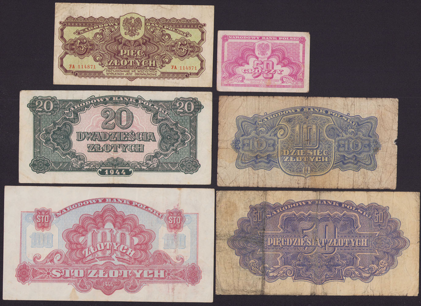 50 groszy - 100 złotych 1944, zestaw 6 banknotów